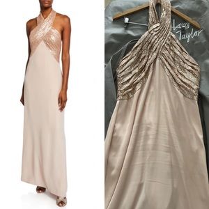 Tadashi Shoji Sequin Crepe Halter Gown In Champagne Size 14